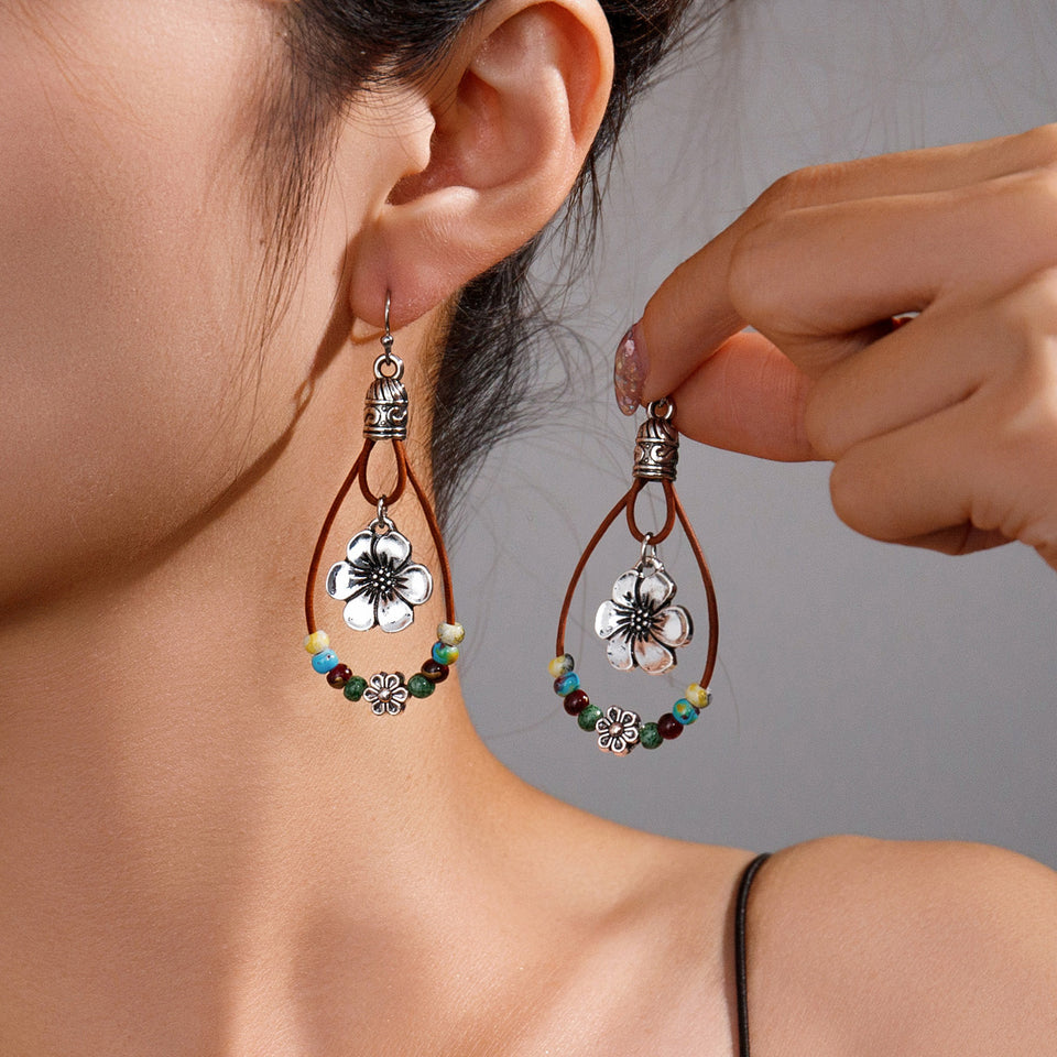 Vintage Ethnic Style Antique Silver Flower Turquoise Leather Rope Pendant Women's Earrings
