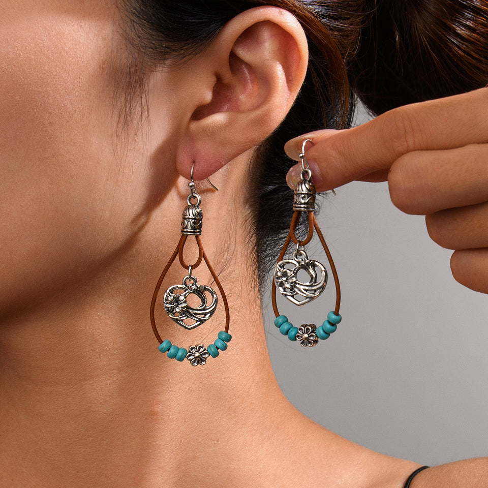 Vintage Ethnic Style Antique Silver Flower Turquoise Leather Rope Pendant Women's Earrings