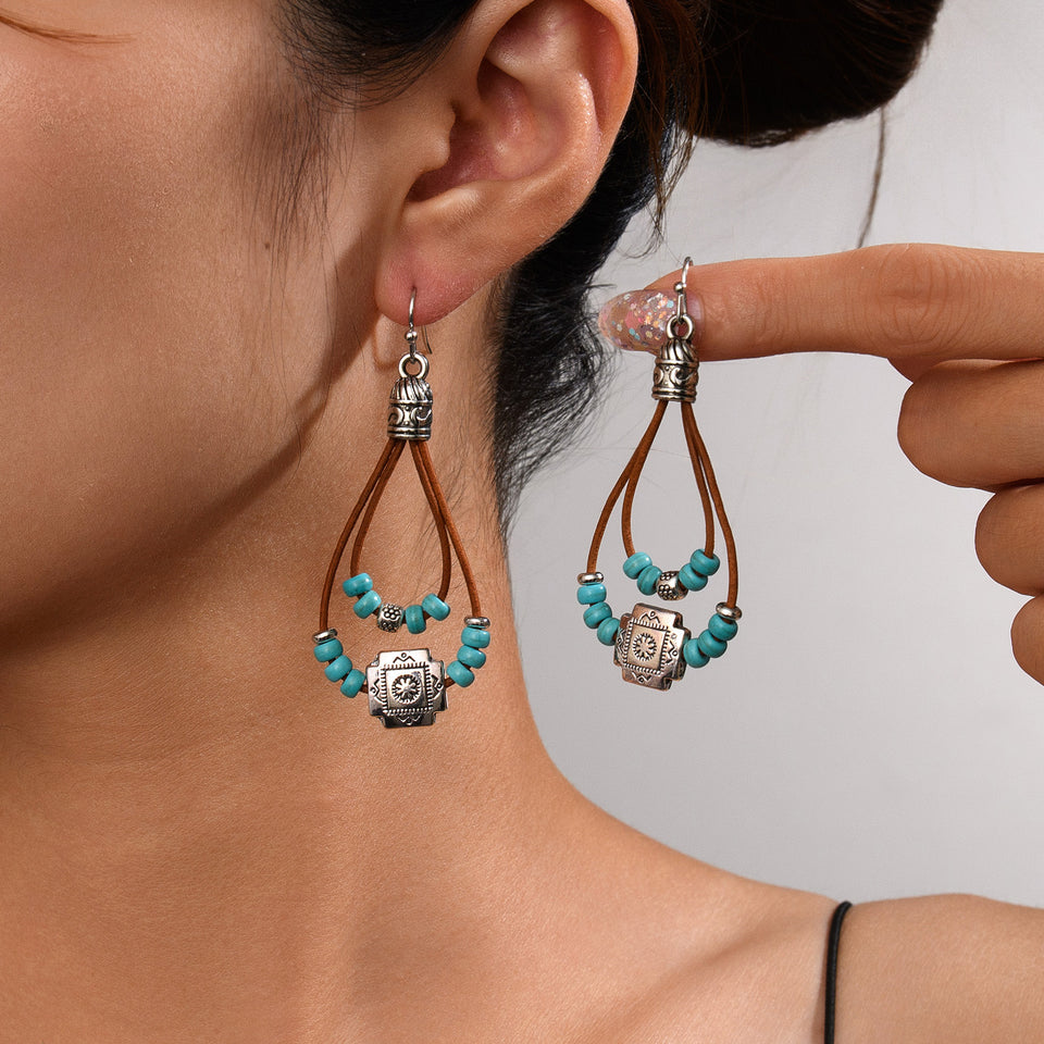 Vintage Ethnic Style Antique Silver Flower Turquoise Leather Rope Pendant Women's Earrings