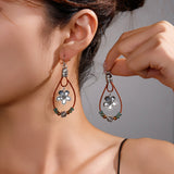 Vintage Ethnic Style Antique Silver Flower Turquoise Leather Rope Pendant Women's Earrings