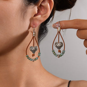 Vintage Ethnic Style Antique Silver Flower Turquoise Leather Rope Pendant Women's Earrings
