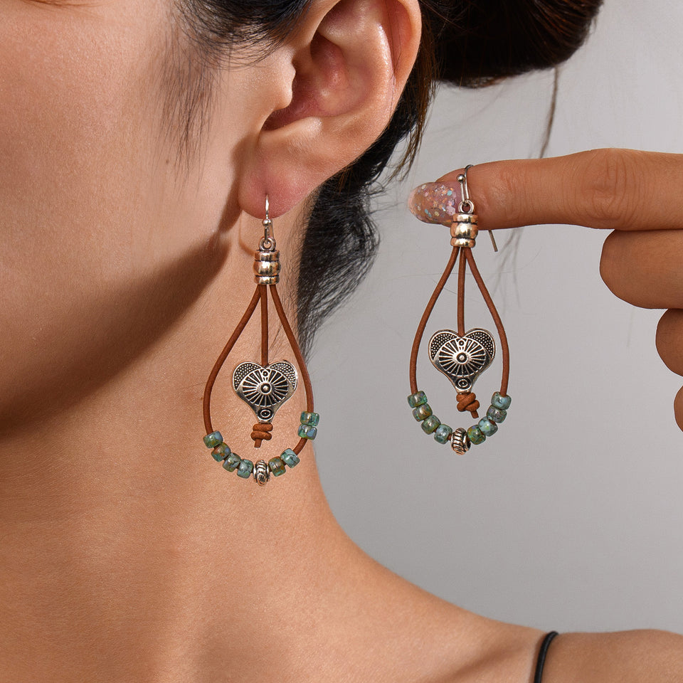 Vintage Ethnic Style Antique Silver Flower Turquoise Leather Rope Pendant Women's Earrings