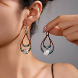 Vintage Ethnic Style Antique Silver Flower Turquoise Leather Rope Pendant Women's Earrings