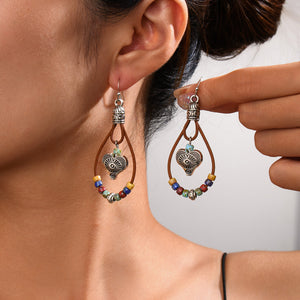 Vintage Ethnic Style Antique Silver Flower Turquoise Leather Rope Pendant Women's Earrings