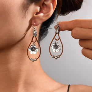 Vintage Ethnic Style Antique Silver Flower Turquoise Leather Rope Pendant Women's Earrings