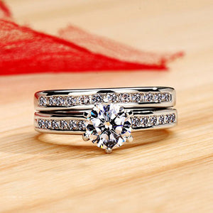 White Gold Plated Six-claw Couple Engagement Combined Ring Set