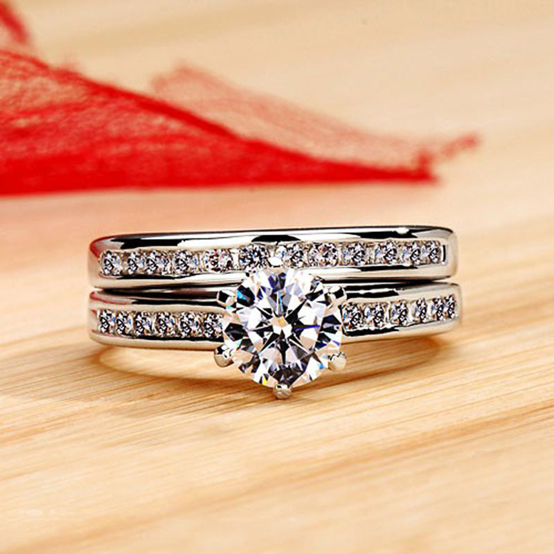 White Gold Plated Six-claw Couple Engagement Combined Ring Set