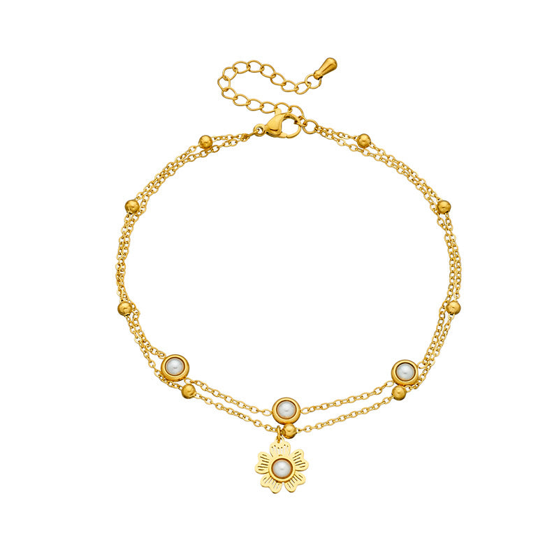 Vintage Inlaid Pearl Flower Pendant Double Layer Chain Anklet