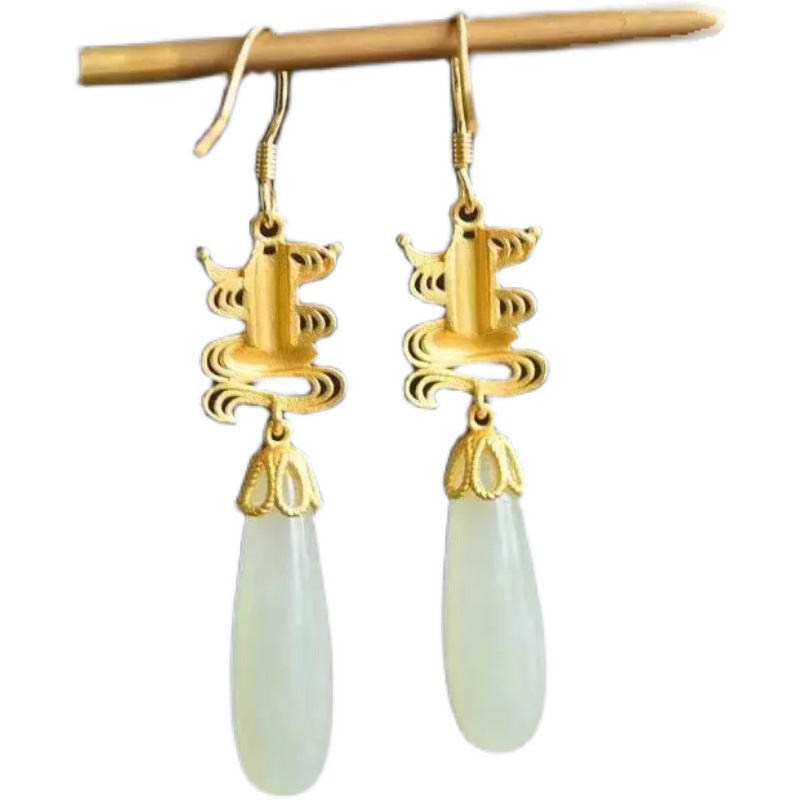 White Jade Water Drop Face Slimming Temperament Earrings Retro Court