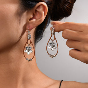 Vintage Ethnic Style Antique Silver Flower Turquoise Leather Rope Pendant Women's Earrings