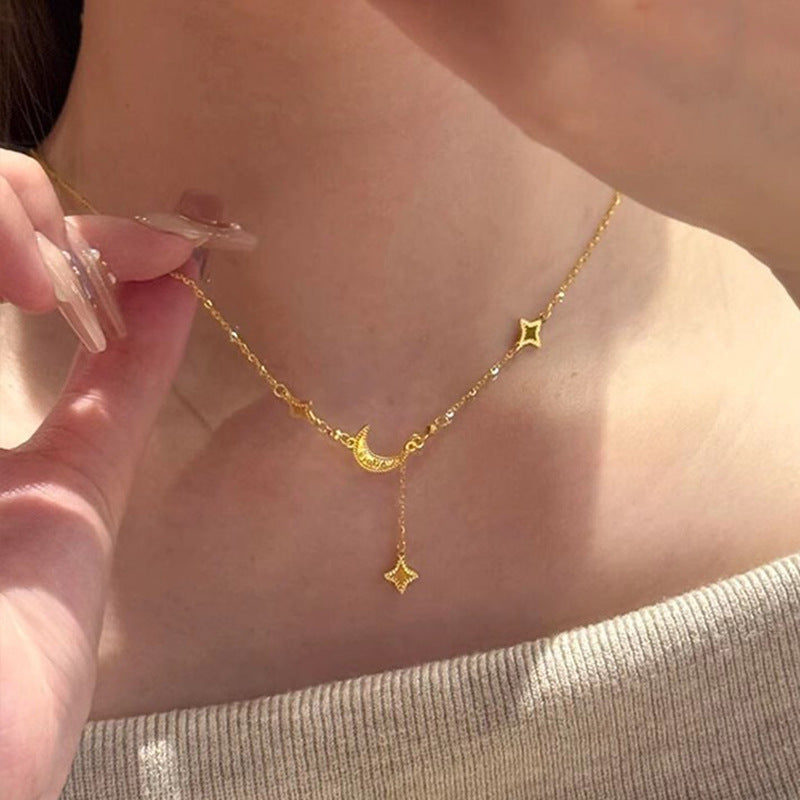 Gold Ice Crushing Star Moon Necklace Pendant Clavicle Chain