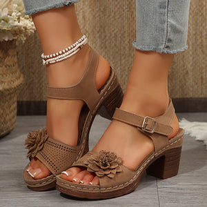 Women's Flowers Chunky Heel Sandals Summer Plus Size Platform Shoes