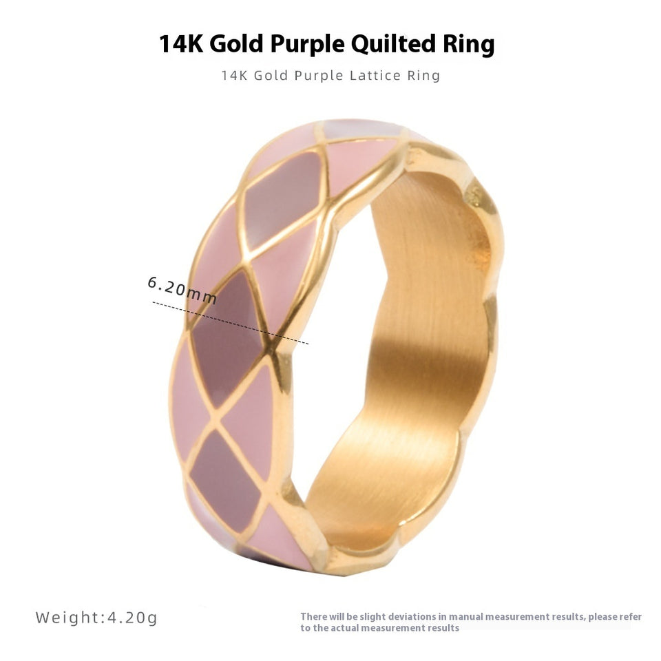 Diamond Plaid Titanium Steel 14K Gold Advanced Ring Female