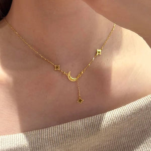 Gold Ice Crushing Star Moon Necklace Pendant Clavicle Chain