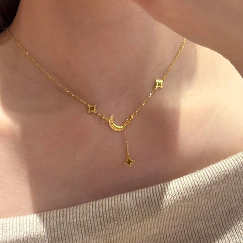 Gold Ice Crushing Star Moon Necklace Pendant Clavicle Chain