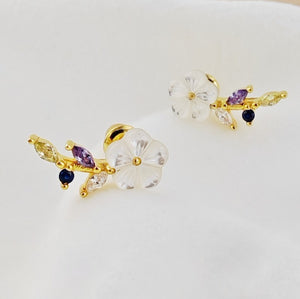Stud Earrings 925 Silver Plated 18K Gold Crystal White Flower