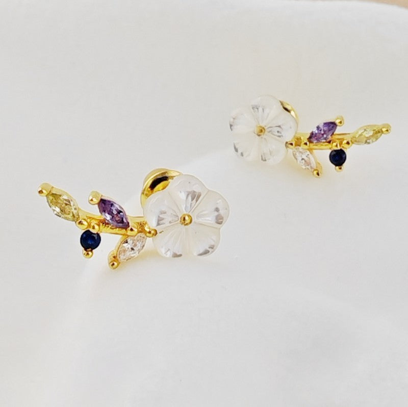 Stud Earrings 925 Silver Plated 18K Gold Crystal White Flower